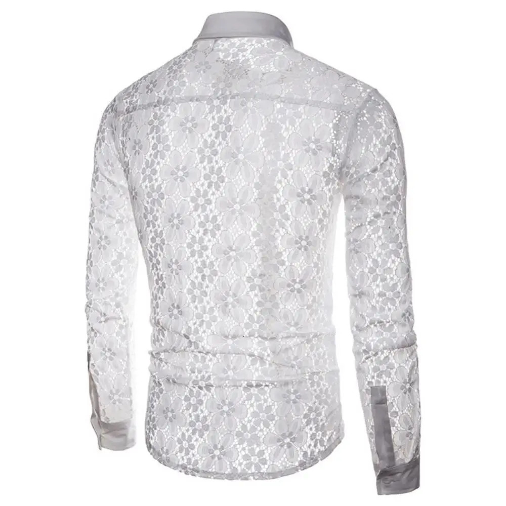 Turn Down Collar Cotton Men Shirts Long Sleeve Buttons Shirt Men Solid Color Sexy Lace See Through Clubwear Down Shirt 250408