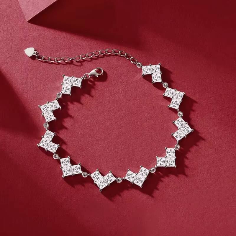 Luxury Jewelry S925 Sterling Silver Shaped Square Moissanite Diamond Iced Out Heart Shuriken Link Bracelet Anklet for Men Lady