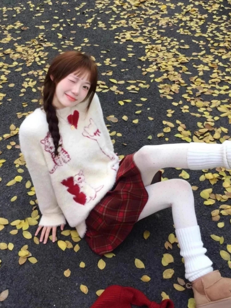 Preppy Style Pullovers Cartoon Jacquard n Aesthetics Sweet Cute Autumn Winter Sweaters for Women Fashion All Match Clothing 251105