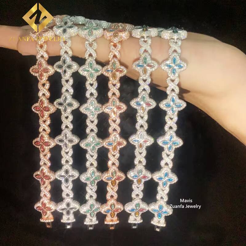 Iced Out Hip Hop 15MM 925 Sterling Silver Infinity Colored Moissanite Clover Bracelet Custom Cuban Link Bracelets for Men