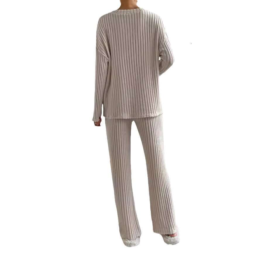 Cross-Border Two-Piece for Women 2023 Autumn New Fashion Casual Straight-Leg Pants Elegant Loose V-Neck Ribbed Knit Set