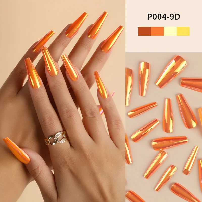 Pinpai 24 piece mirror effect long coffin pressing fake nail set with adhesive full cover artificial fake nail art tip set W250410