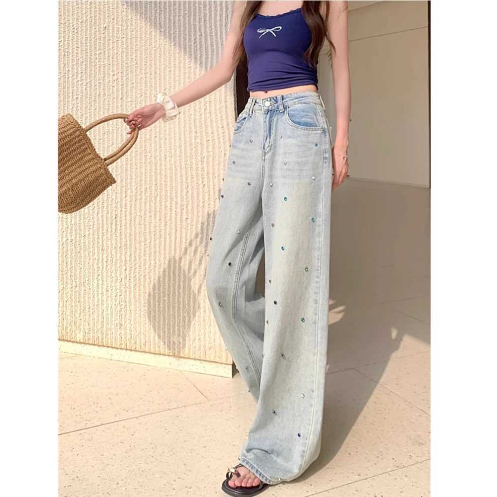 Spring New Womens Shiny Colored Rhinestone High Waist Denim Jeans Pant Luxury Washed Light Blue Wide Leg Pants Chic Trousers C251110