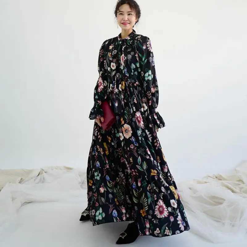 Ele dress retro fashion long Sve closed dress womens flower Hit colored necklace tie lotus Le big swing dress W250401