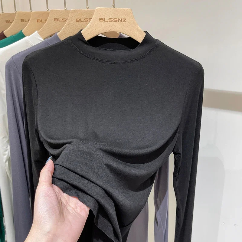 Womens Spring and Autumn Office Basic Oneck Ultra thin Tshirt Solid Color Multiple Matching Trend Casual Top Thread Long Sleeve Elasticity 250407