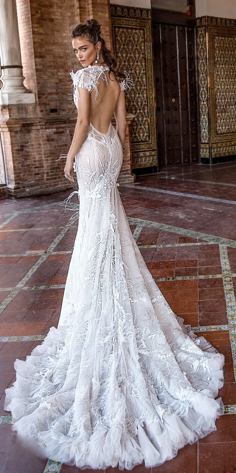 berta mermaid wedding dresses v neck backless lace bridal gowns with feathers sweep train beach wedding dress
