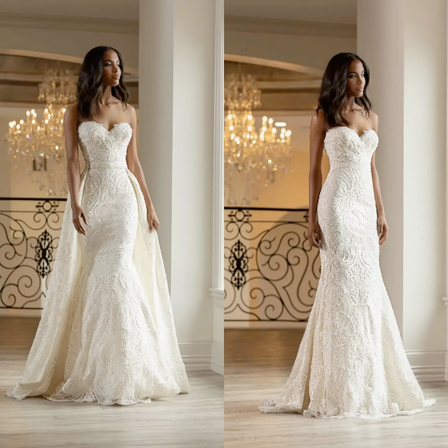 Elegant Mermaid Wedding Dresses Sweetheart Strapless Sleeveless Bridal Gown Lace Appliques Detachable Train Dress Custom Made vestidos de novia