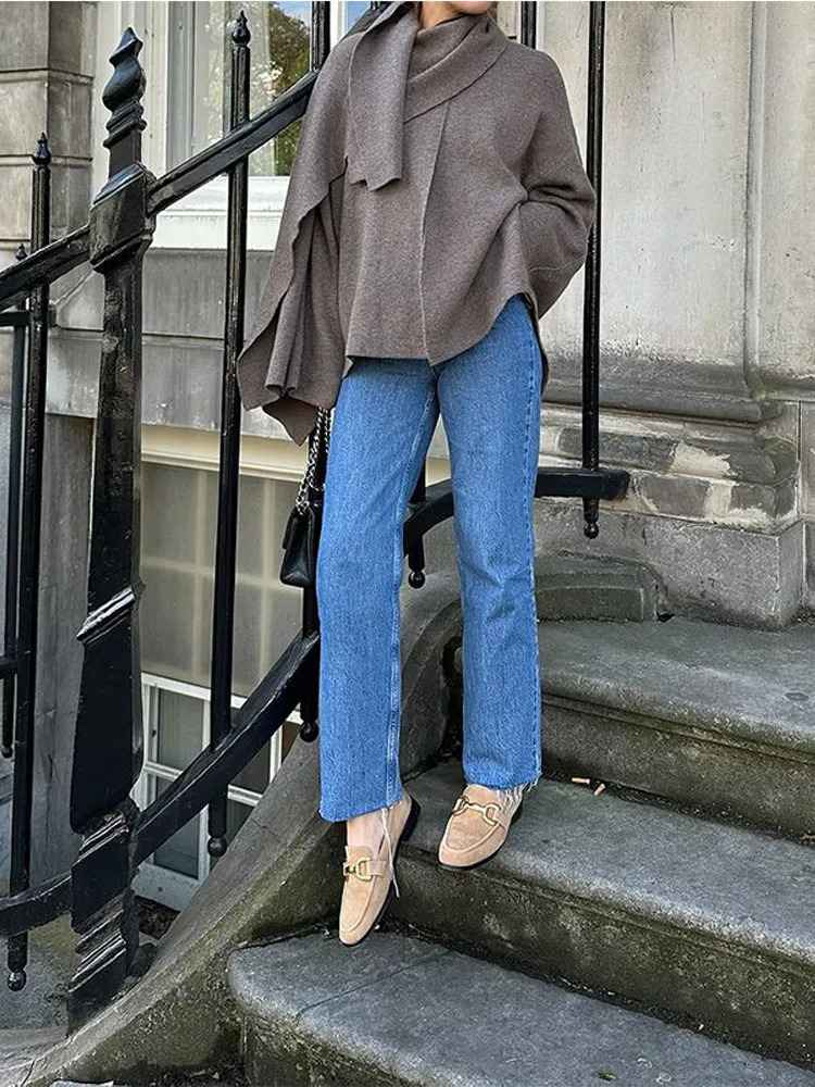 Autumn Winter Female Cape Solid Long Sleeve Knitted Coat Fashion Scarf Collar Warm Women Short Jacket Elegant Streetwear 251110