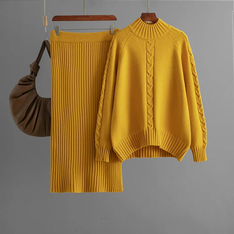 Fall Winter Knitted Sweater 2 Piece Sets Women Half Turtleneck Pullover Tops Conjuntos High Waist Slim Skirts Ensembles 251110