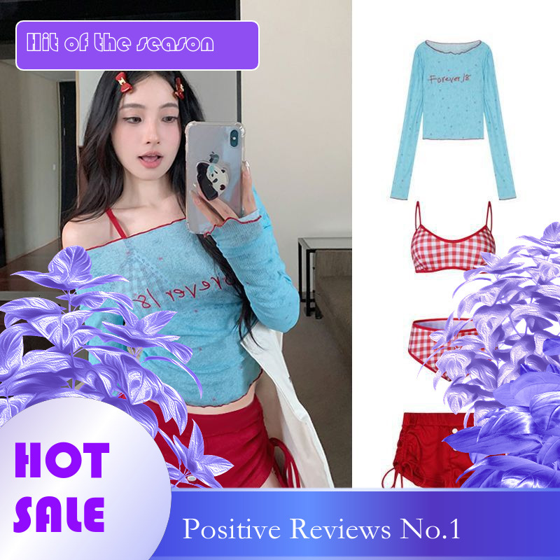 dongdumaoyi Swimwear women s factory new dopamine outfit split bikini four piece set pure desire wind conservative long sleeved hot spring