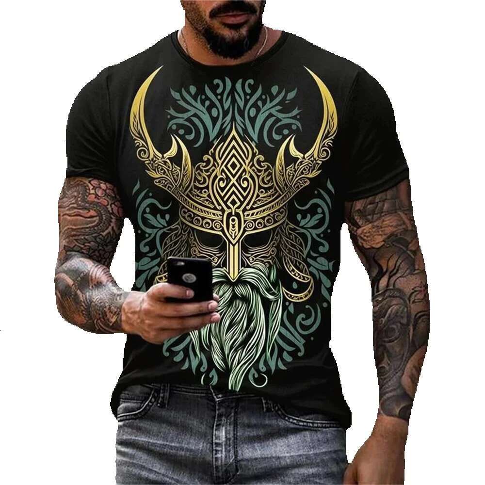 Fashionable men's printed T-shirt, round neck, plus size, comfortable, short sleeved, trendy elements, sporty and casual