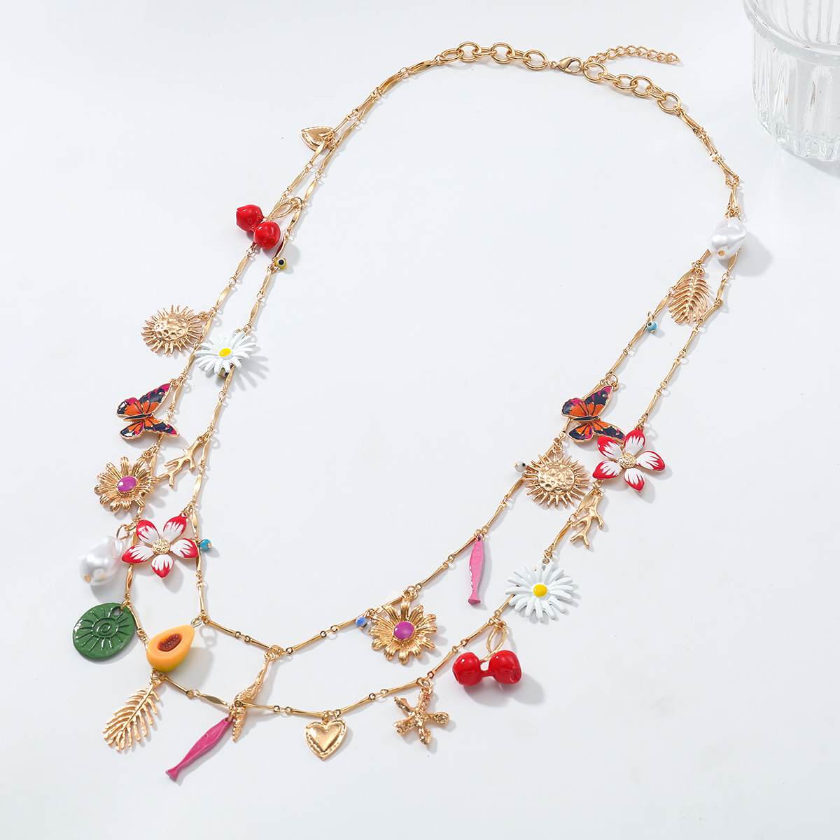 Exquisite Fish Leaf Love Flower Butterfly Cherry Pendant Necklace Autumn Sweater Chain Charm Girl Necklace Accessories