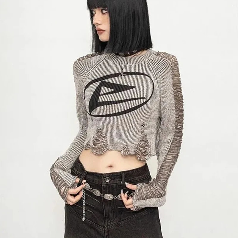 American Vintage Distressed Cropped Pullover Women Long Sleeve Street Knit Top Subculture O Neck Ripped Harajuku Y2K Sweater 251105