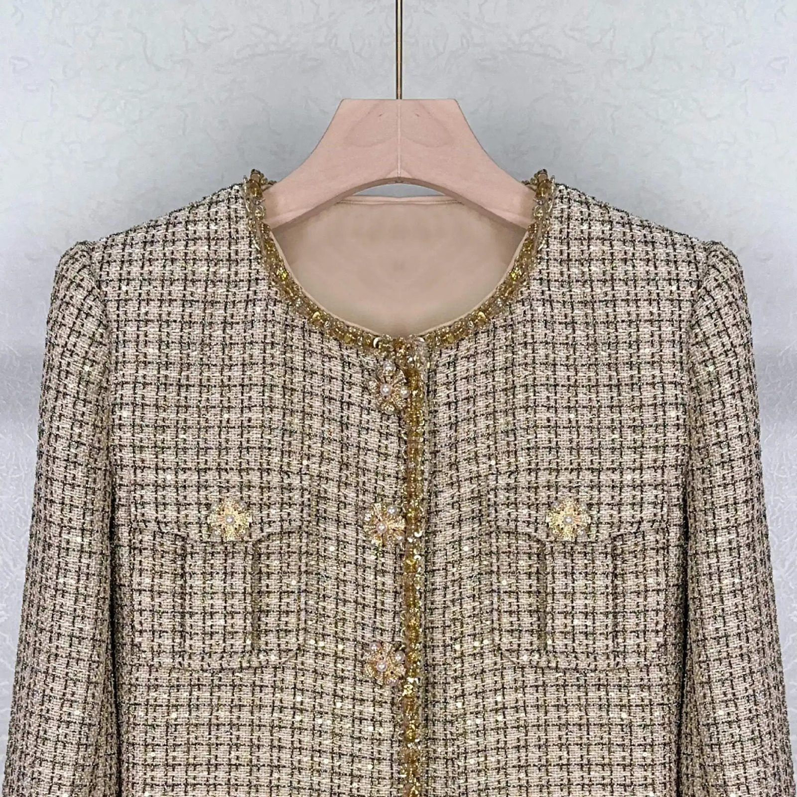 Autumn Winter Small Fragrant Style Gold Plaid Coarse Knitted Two Piece Set Women Suit Coat Tweed Jackets Midi Long Skirts Sets 251110