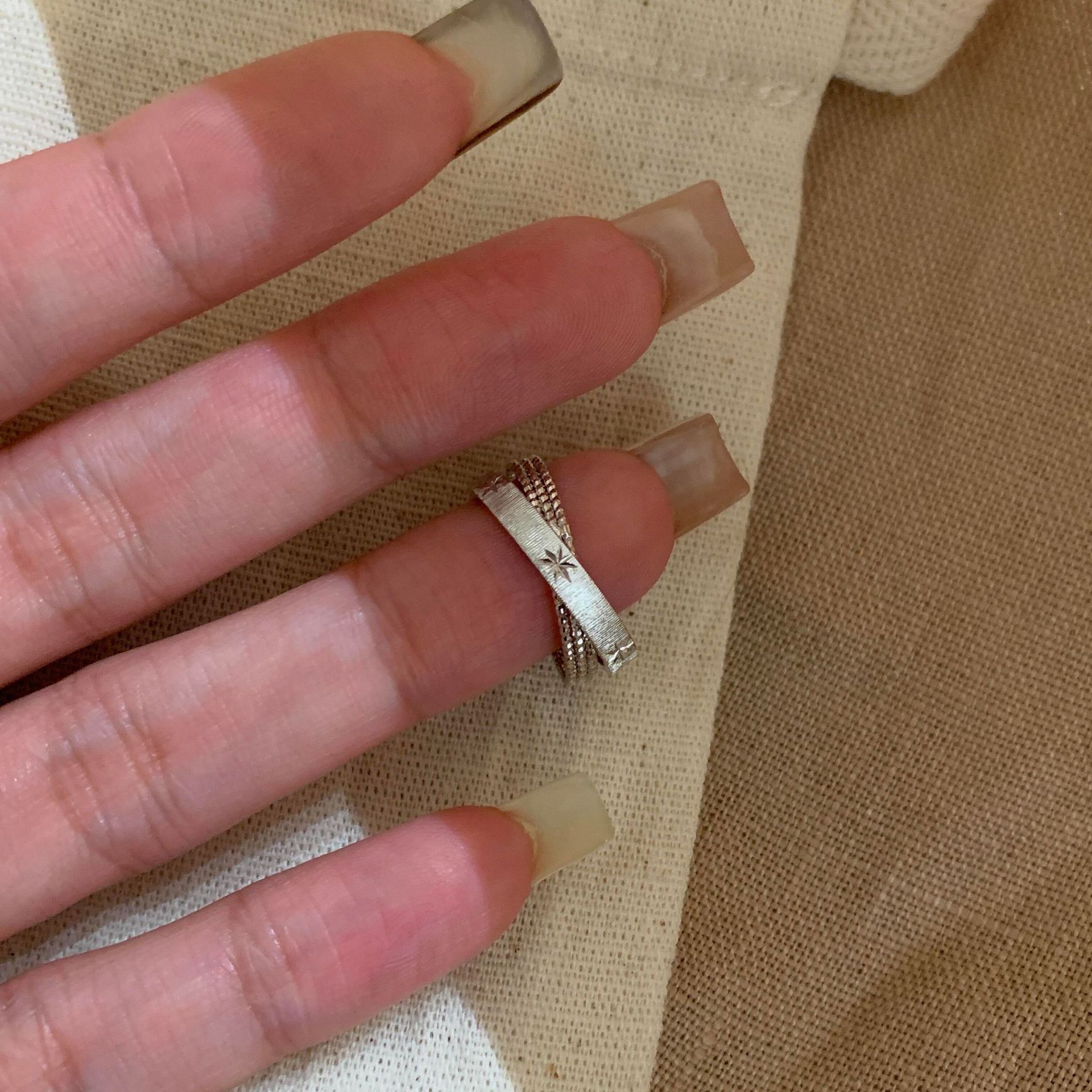 S925 Sterling Silver Designer Ring Mercury Note Small Double Ring Brushed Gold Bead Women's Starlight Ring Retro Style Retro Fashion Ring