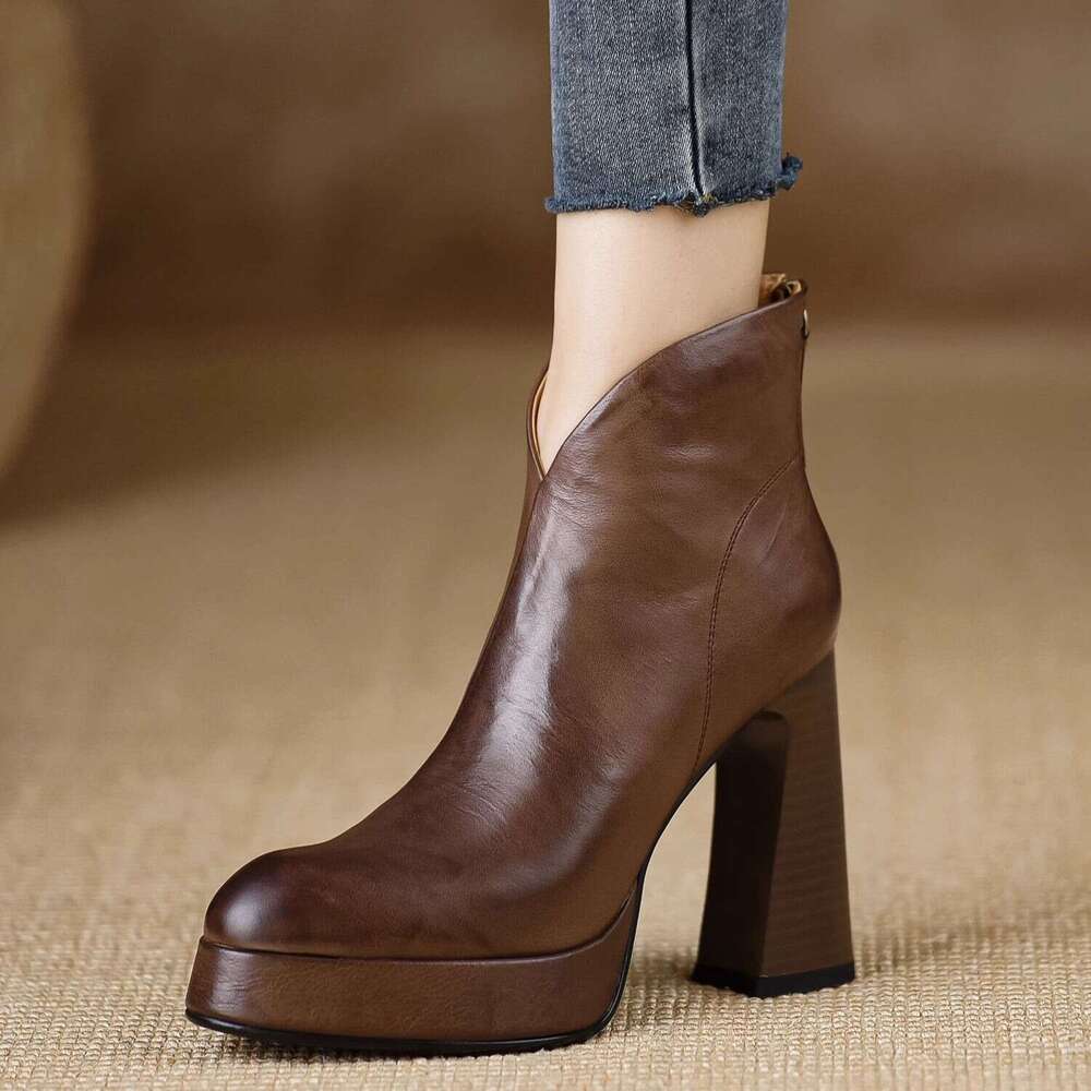 Woman Sandals Brown Leather High End Pointed Scalp With Sole Short Boots Super High Heels Thick Heel Back Zipper Fashion Boots For Women