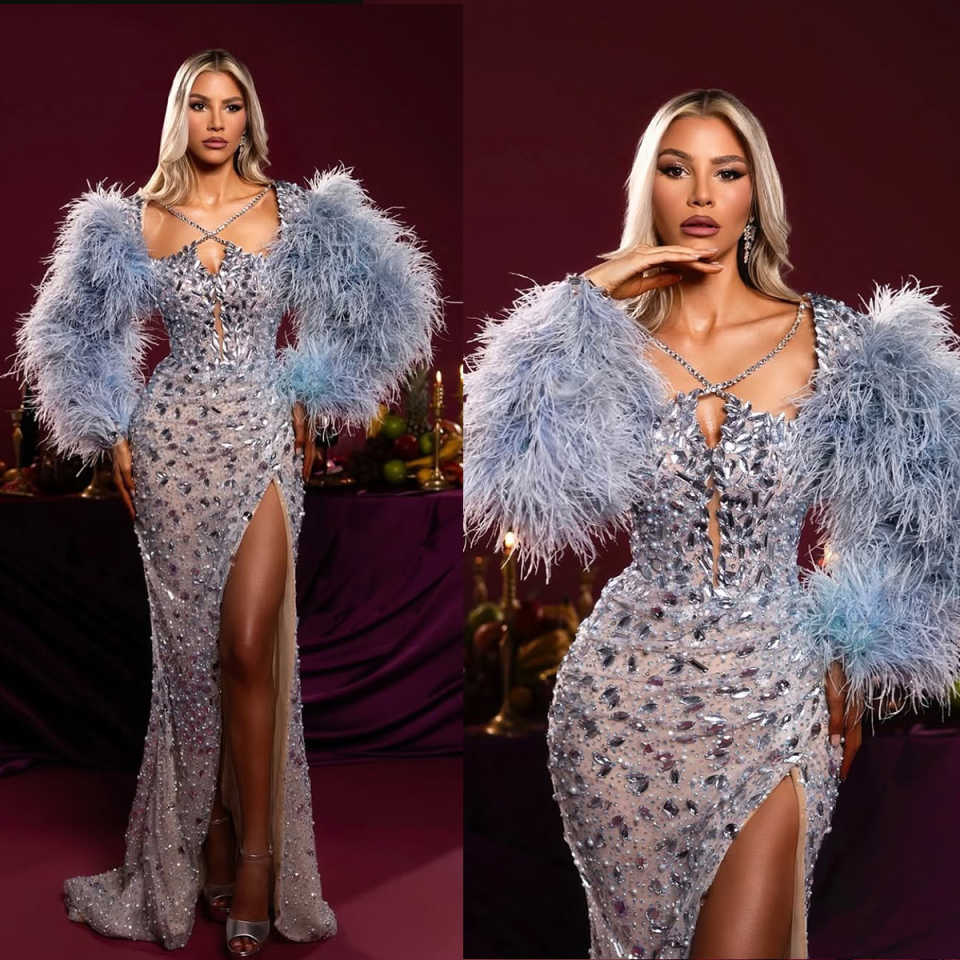 Elegant Mermaid Prom Gown Crystal Evening Dress Beads Feather Prom Dresses Sexy Bridal Gowns vestido de novia Size Customized Robes De Mariee L251026