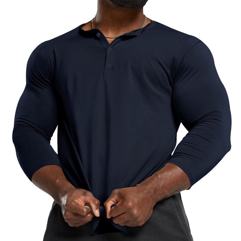 2025 Spring and Autumn Mens Long sleeved T-shirt Mens Sports Fitness Mens Henley Shirt