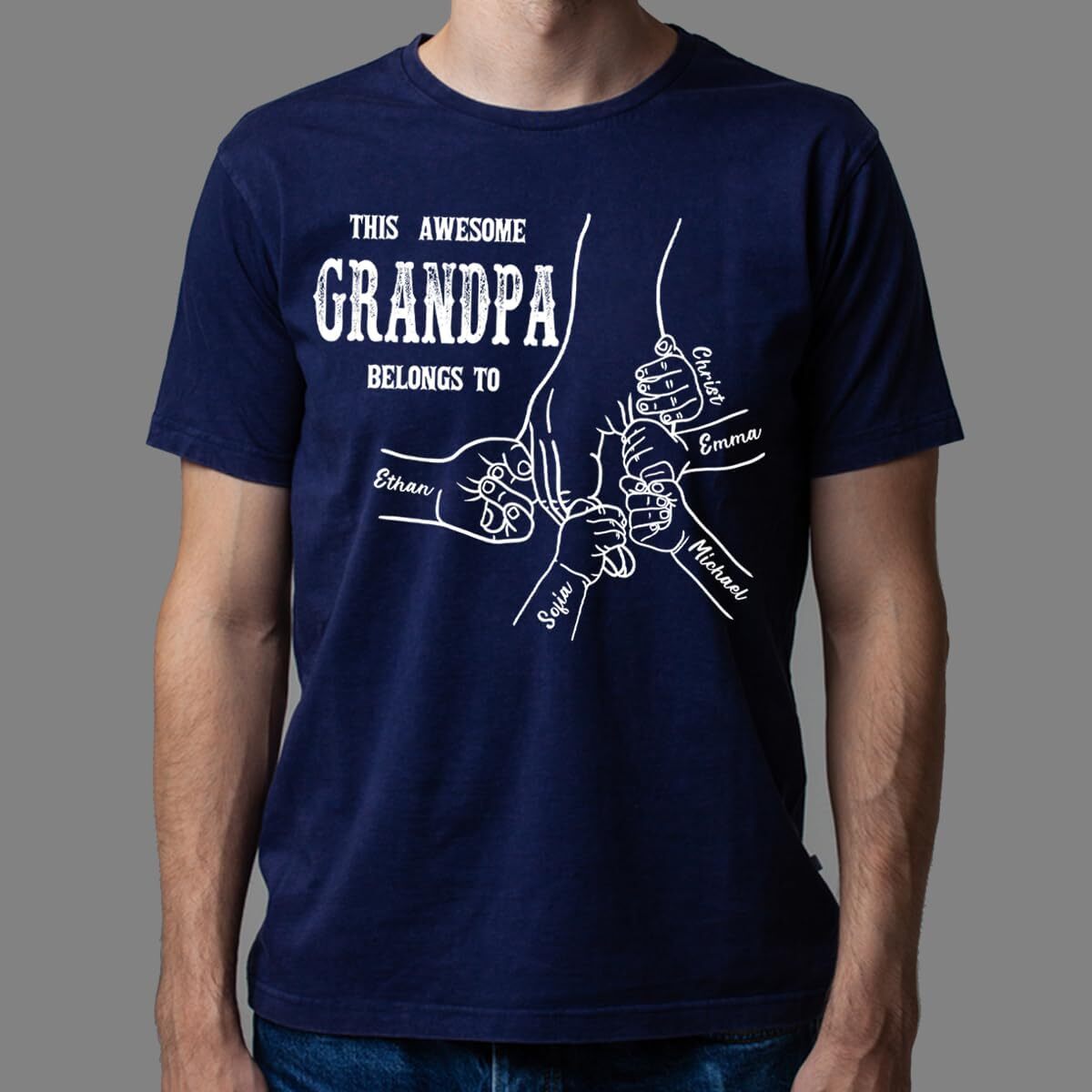 T shirt for Mens Personalized Grandpa Shirt Hand and Grandkids Name, This Awesome Dad Belongs to Shirt Fathers Day, Christmas Tee Casual Tops Clothes 