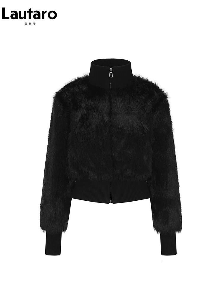 Lautaro Spring Winter Short Black Soft Thick Warm Hairy Faux Fur Coat Women Zip Up y ner Clothes Fluffy Jacket 251110