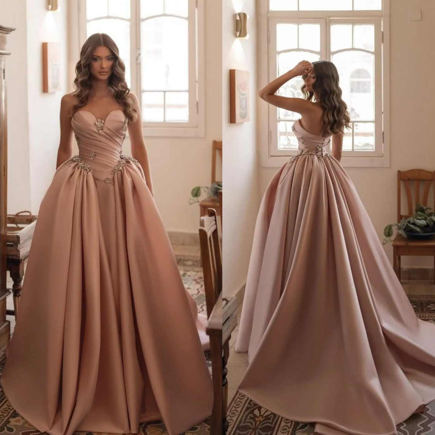 Strapless Princess Prom Dress Pearl Satin Ball Dress Evening Bareback Strap Mesh Pearl Plus Size Formal Occasion vestido de novia