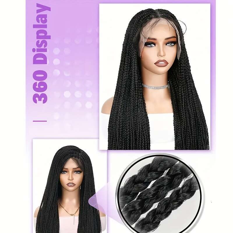 36-Inch Full Lace Braided Wig - Knot-Free Box Braided, Easy To Wear, High-Temperature Fiber, Straight Hair, Elegant Style, For All Occasions