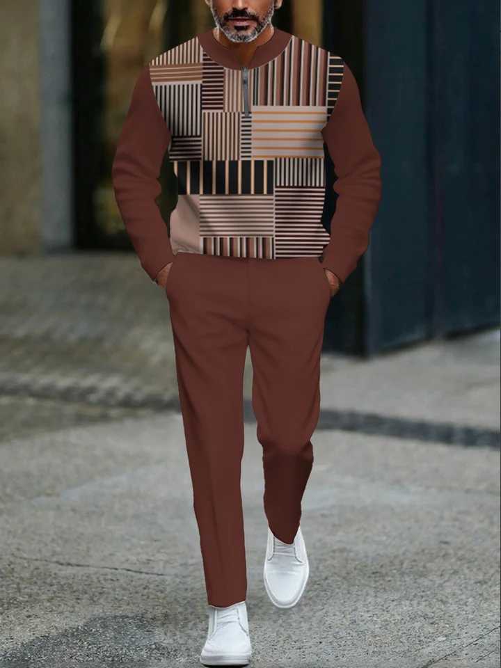 Mens Cross-Border Casual Two-Piece Set Stand Collar Half-Open Placket Top Pants Comfortable Breathable Perfect for Sports W251110