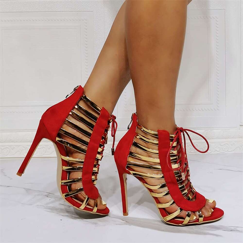 Black/Red Women's Hollow Lace-Up Heel Sandals Slim High Heel, Open Toe & Side Zipper Summer Evening Dress Shoes