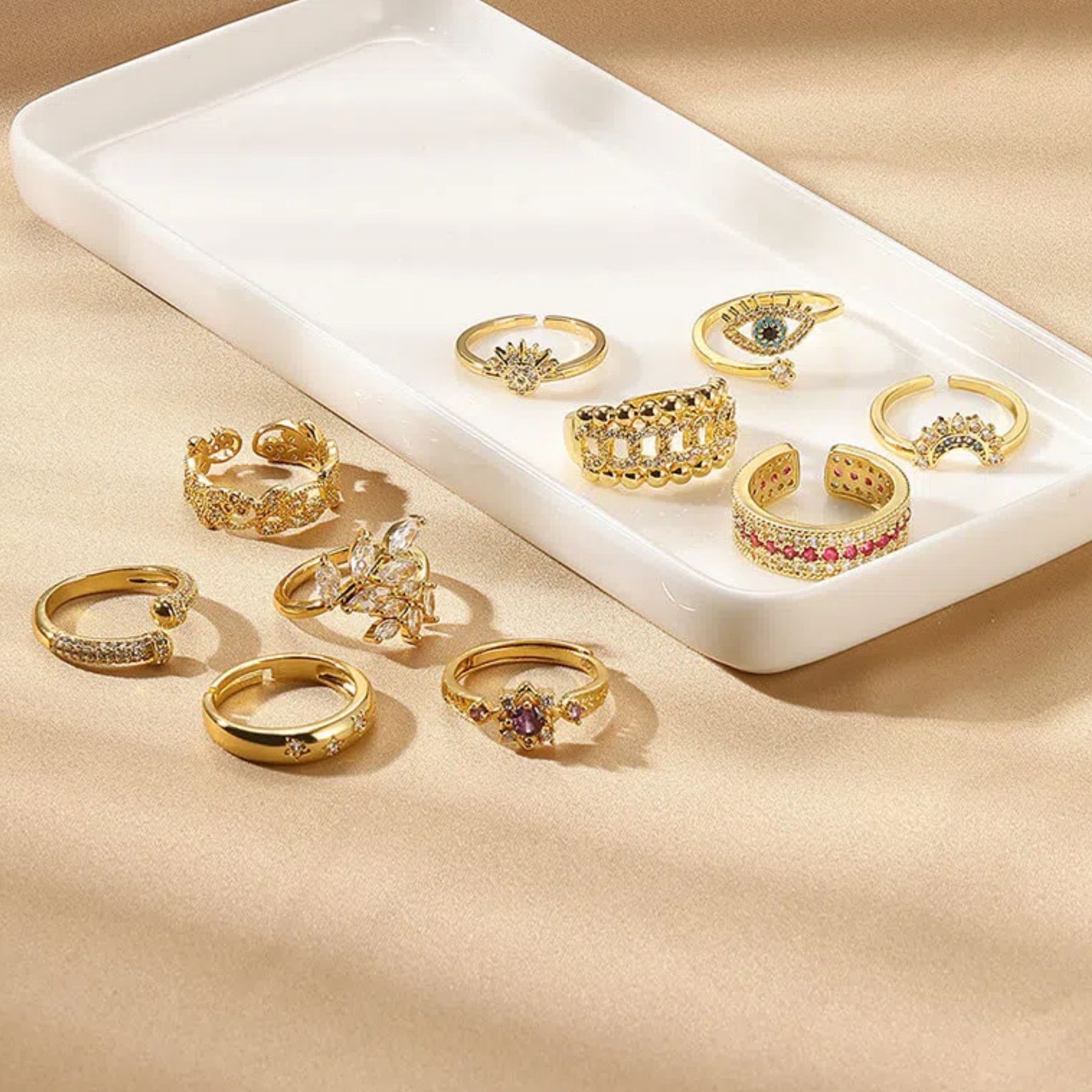 Cross-border Fashion Ring Hot Selling Copper Plated 18K Gold Colorful Designer Ring Zircon Ring Luxury Simple INS Style Leaf Ring Jewelry Wholesale