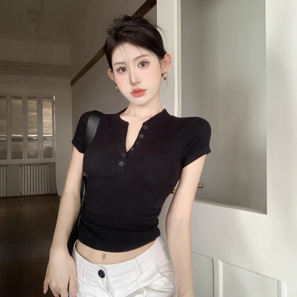 2025S Designer Women S T Shirt Summer New American Button Half Open Collar Sleeved T Shirt For Women Slim Fit Folded Short Bottom Shirt Trendy