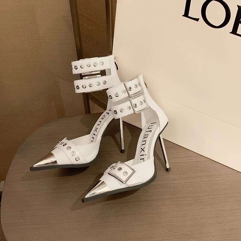 Punk-Style High-Heeled Pointed-Toe With Metal Buckle, Stiletto Heel, Rivet Sandals Women, New Style Single Shoes For Spring, Summer, Autumn And This Y