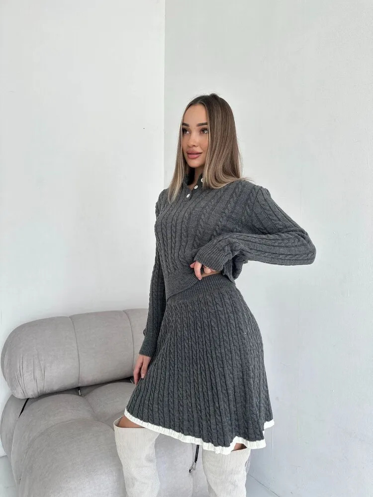 Arrival Women Solid Color Knitted Skirts Two Piece Set Long Sleeve Lapel Buttons Knitting Sweater Short Skirt 2 Sets 251110