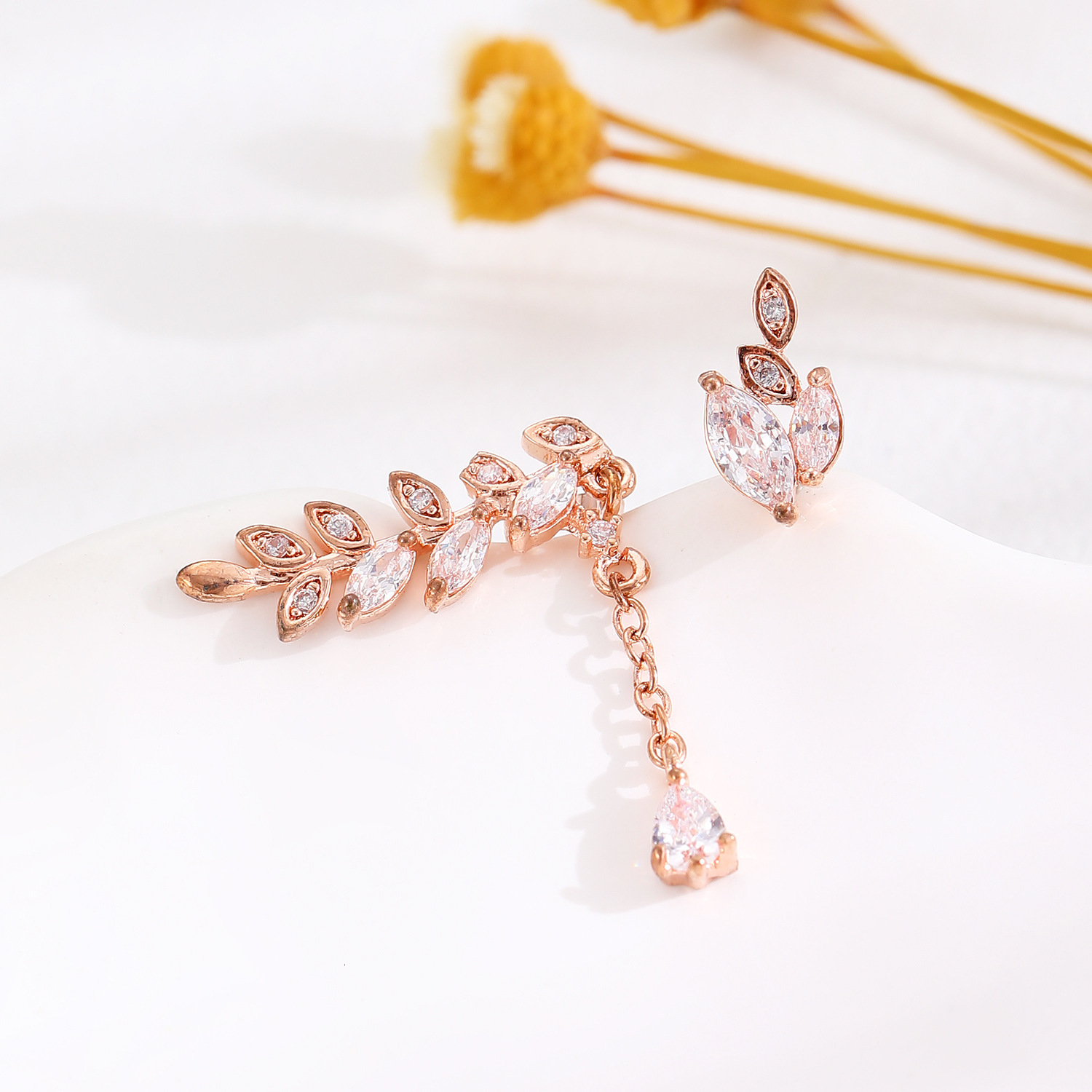 Fashion Asymmetric Copper Inlaid Zircon Leaf Earrings for Women