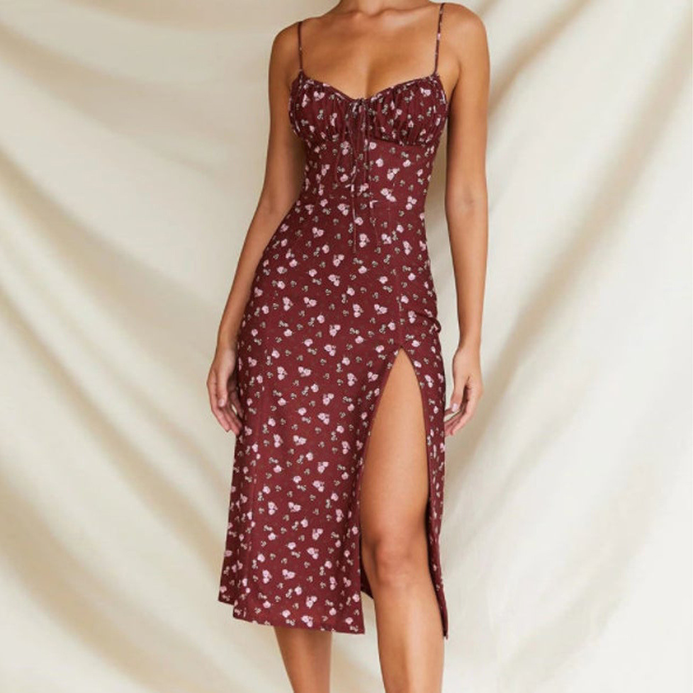 2025 Hot Selling New Floral Open Back Slim Strap Wrap Hip Size Dress for Women