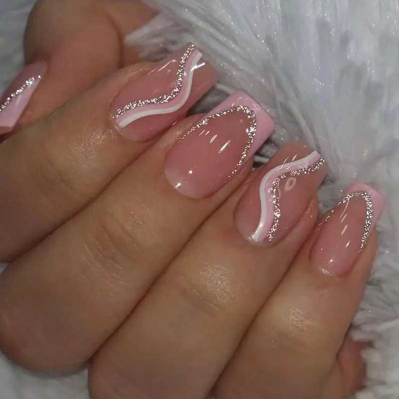 24 pieces of short French minimalist stripes with jelly and nail files sweet nail art pink and white stripes Manicure u as acrylic W250410