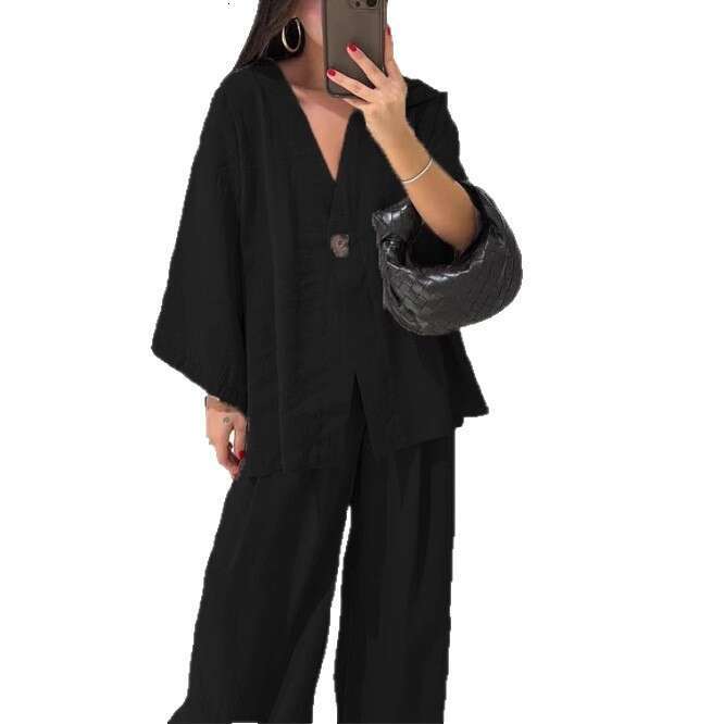 2025 European American Independent Station New Cross-Border Fashion Loose Women's V-Neck Top and Wide-Leg Pants Casual Set