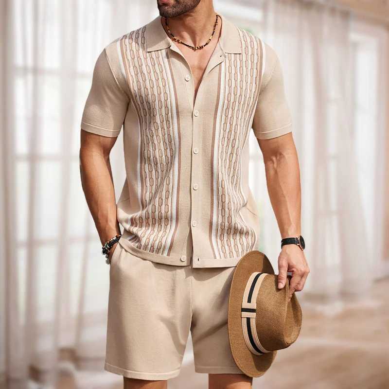 Summer mens luxury knitted track set casual short sleeved solid color shirt+shorts 2-piece popular knitted set X250410