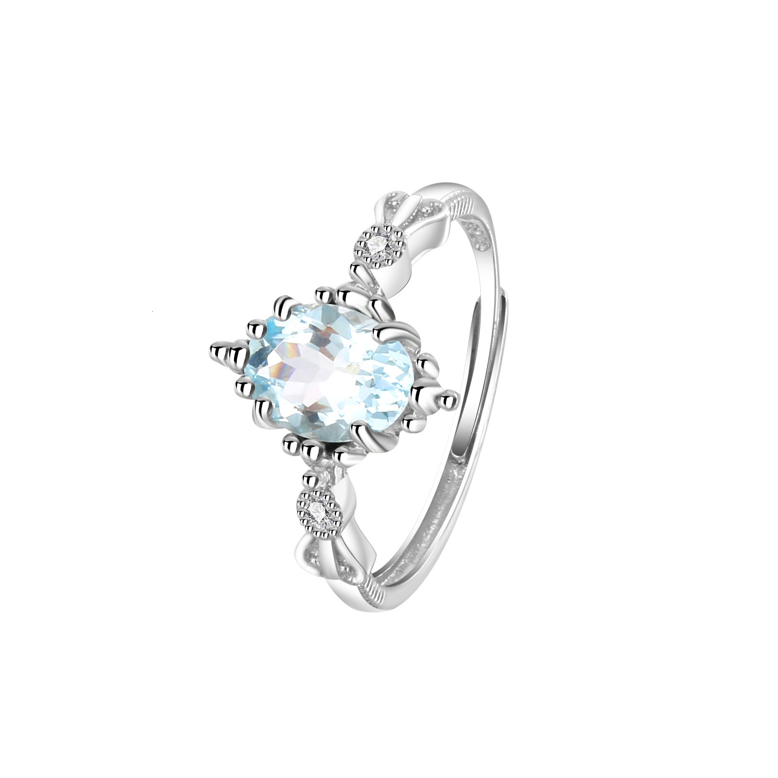 Natural Aquamarine S925 Pure Silver Ring Fashionable Women's Ring Designer Ring High-end Exquisite Design Inlaid Adjustable Women's Ring Jew