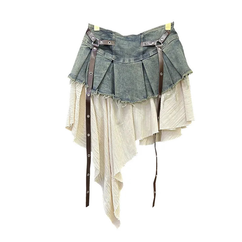 Womens denim dress summer waist patch work irregular burr edge folding ribbon short pleated mini skirt 250410