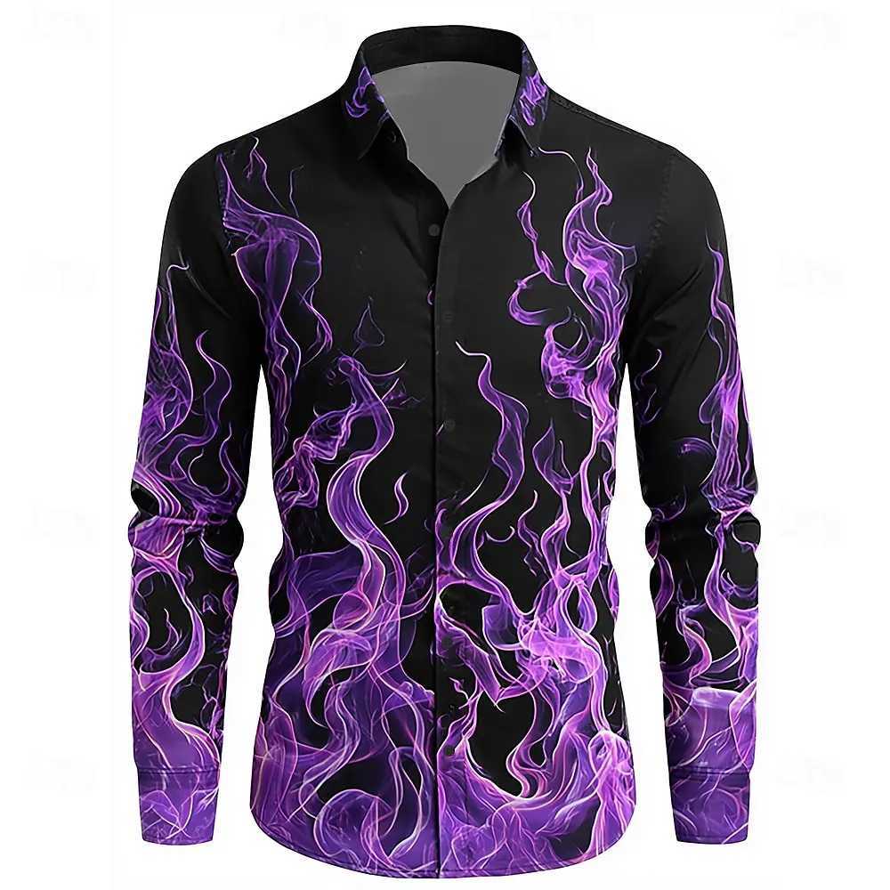Hip Hop Flame Print Shirt Men Streetwear 2025 Fashion Long Sleeve Tops Urban Trendy Graphic Tee Shirt Casual Loose Fit Clothing K251110