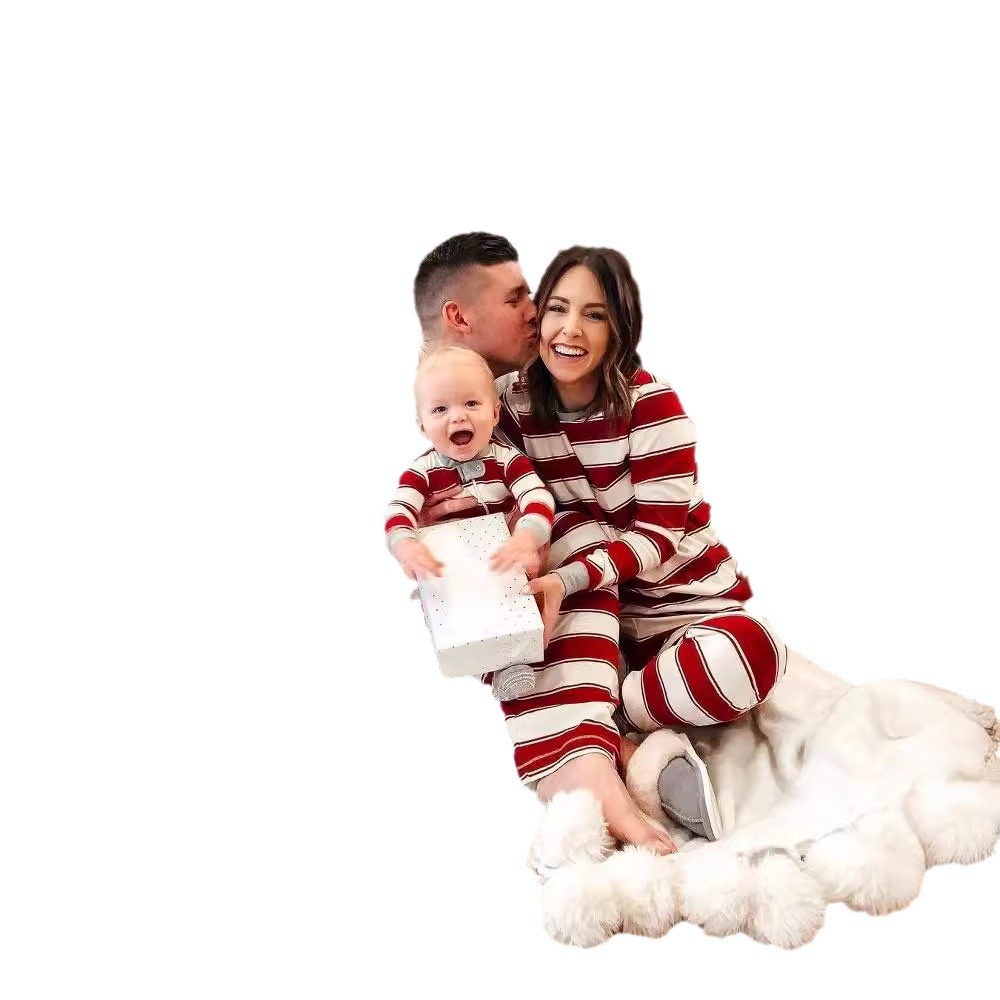 2025 Christmas Family Matching Home Set Striped Pajamas Long Sleeve Round Neck Casual ODM Homewear Parent Kid Xmas Outfit