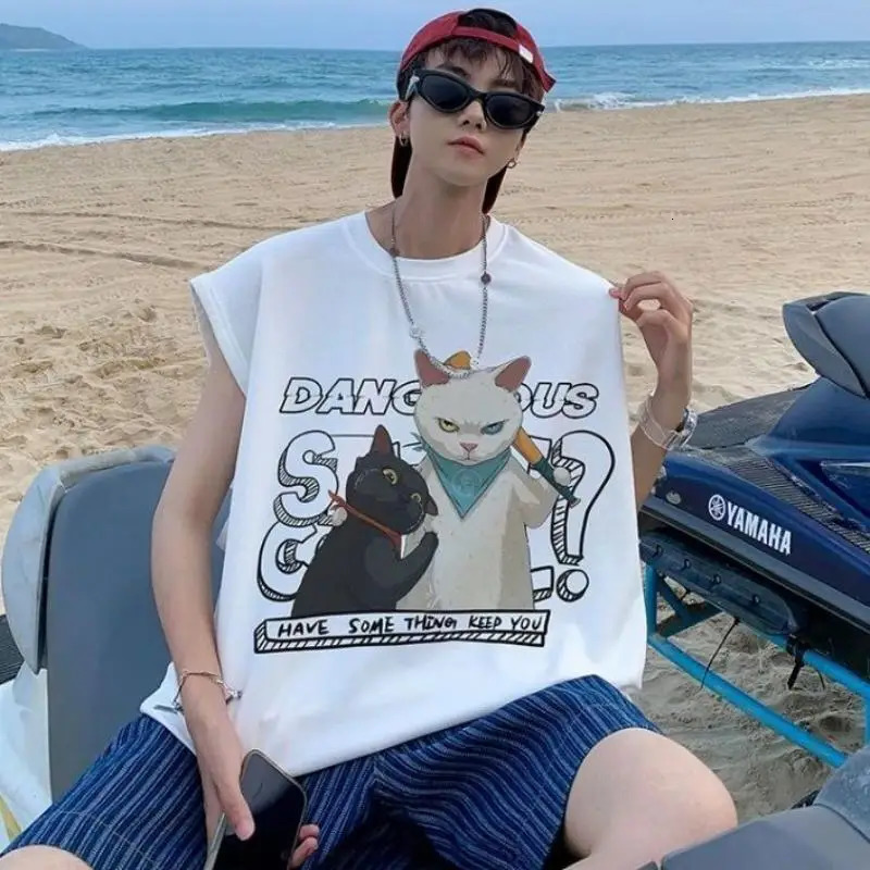 Summer fashion casual printed sleeveless vest mens fitness sleeveless T-shirt beach vest loose cotton T-shirt 250408