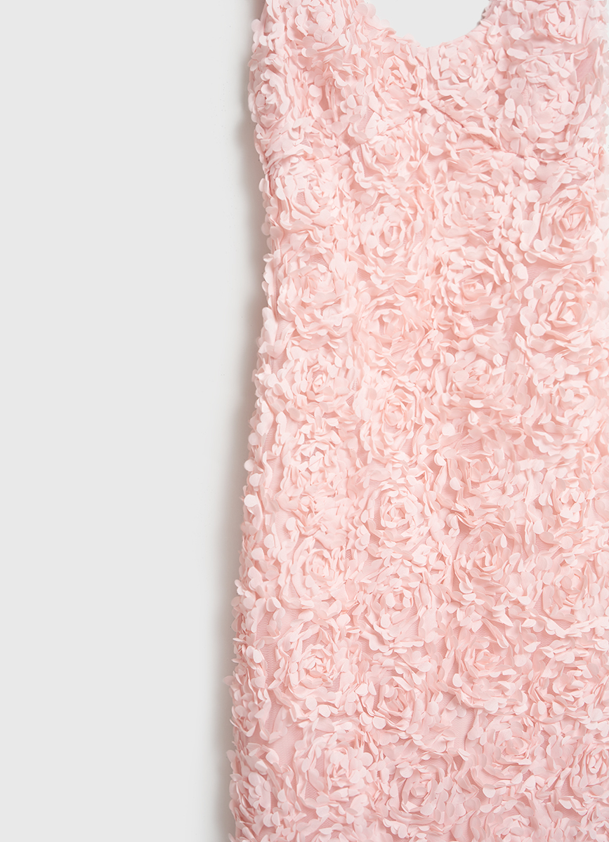 Women's Pink 3D Flower Scoop Neck Dress, Fitted Midi Length Evening Gown