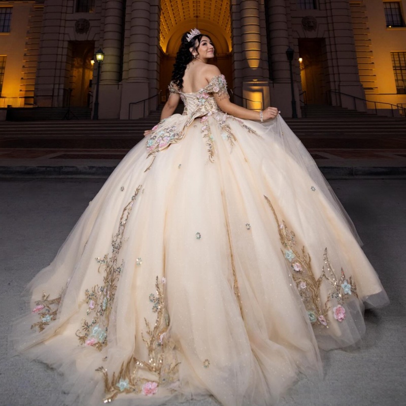 Champagne Shiny Princess Quinceanera Dresses Off Shoulder Beads Applique Lace Bow Tull Sweet 16 Dress Ball Gown Vestidos 15 Anos