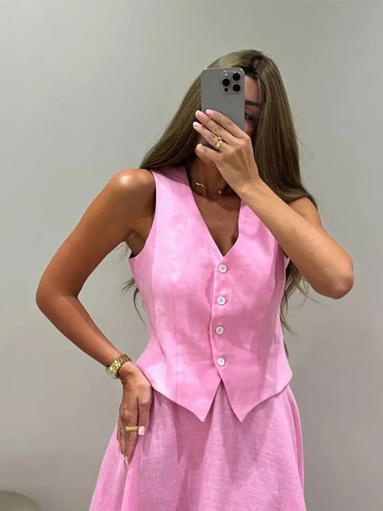 Women Vest Skirt Suit Solid O-neck Single Breasted Short Sleeve Short Top Button Wide Leg Skirts Female Summer Lady Beach Wears 251107
