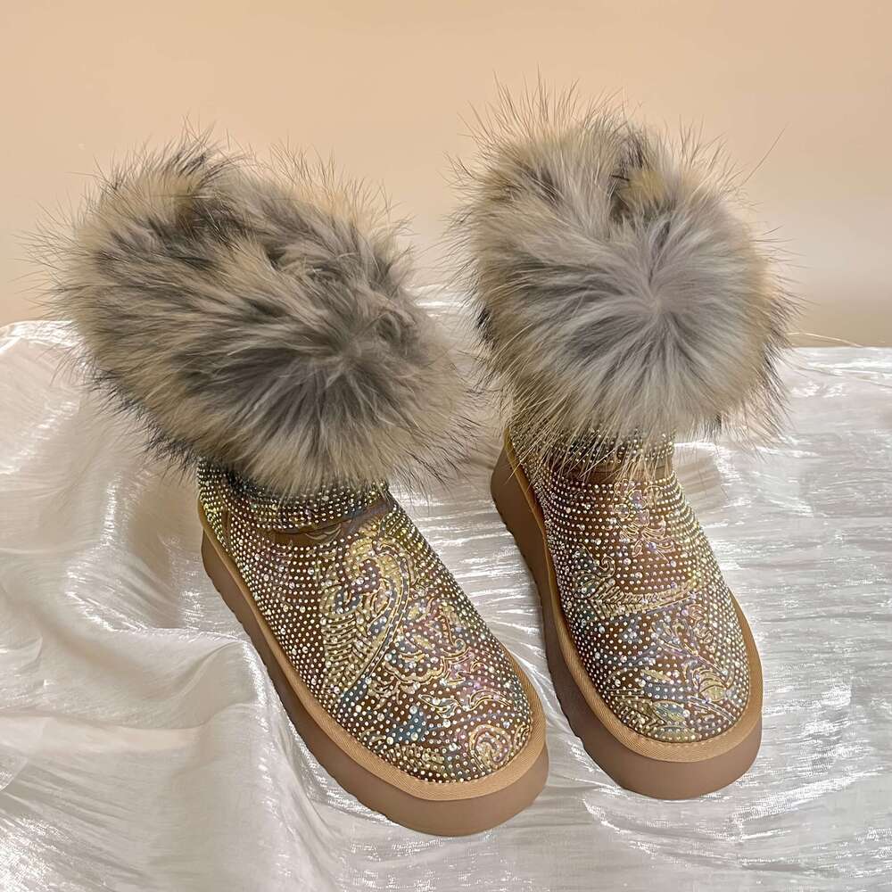 Women's Rhinestone Snow - Thick Sole Mid-Calf With Fluffy Trim, Glittery Round Toe Design, And Warm Insulation For Cold Weather, Winter Boots