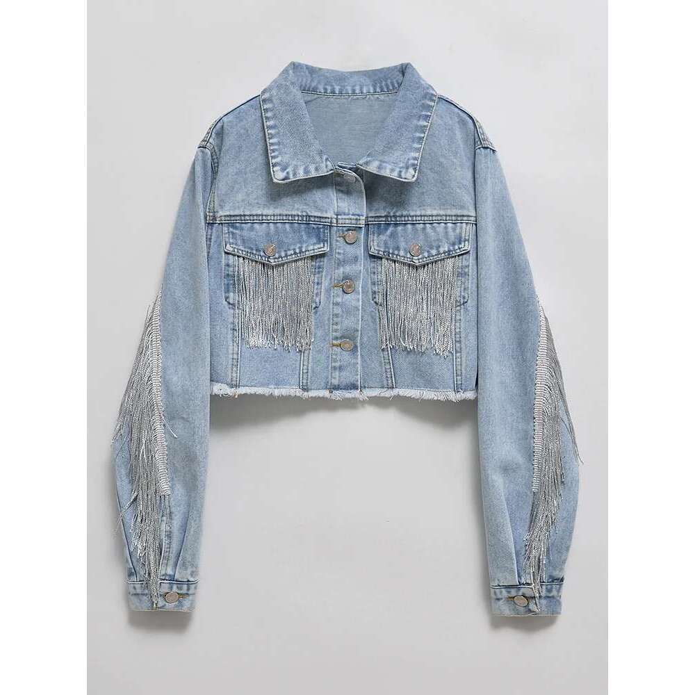 Fitaylor Autumn Winter Women Vintage Long-Sleeve Loose Tassel Blue Short Denim Jacket Lady Single Breasted Pocket Jeans Coat