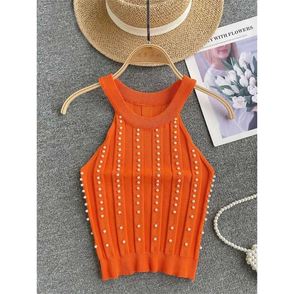 Zik Hekiy Pearls Women Tops Strapless Backless Slim Fit Senior 2024 Korean Style Fashion Streetwear Mini Knitted Tank
