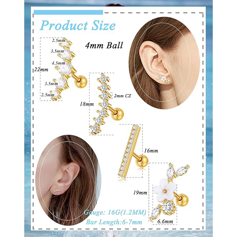 9 Pcs Cartilage CZ Stud Earrings Conch Forward Helix Tragus Daith Piercing Lip Rings Snake Heart Butterfly Jewelry for Women Men 16G Gold Tone