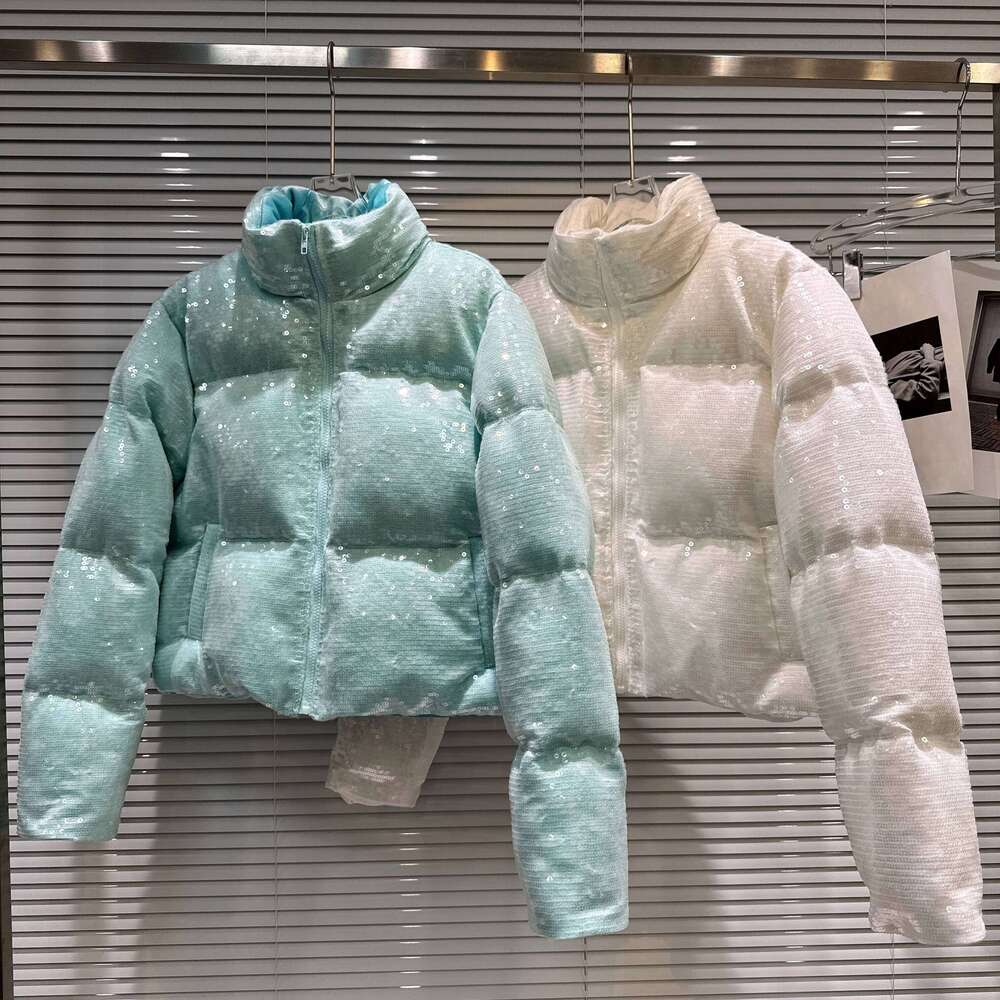 Winter Fashion Highstreet Women's Cotton Coats Sequins Stand Collar Versatile Casual Warm Puffer Short Parkas Jackets Women